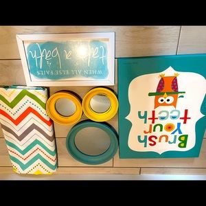 Bathroom decorations: cloth shower, pictures curtain,3 mirrors from Hobby Lobby